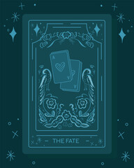 Stylized tarot card design in shades of teal featuring two ace cards, bird and floral details, and the title "The Fate," creating a fortune-telling and mystical theme.