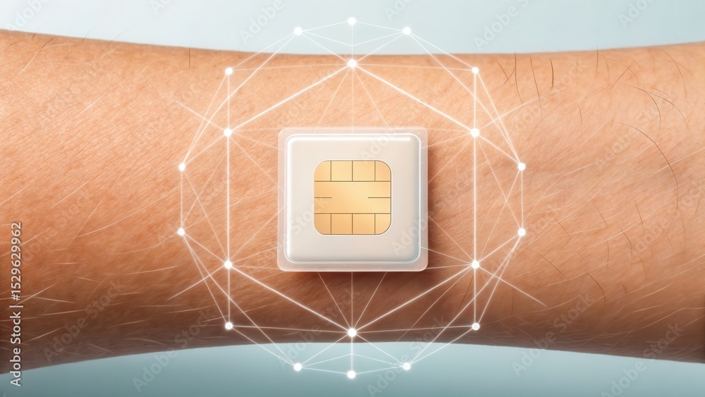 Aufkleber a microchip is implanted on a person's forearm, symbolizing advanced wearable technology with digita