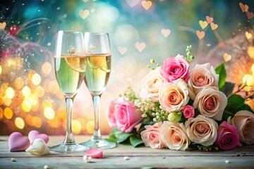 Double exposure captures romantic surrealism: champagne flutes, roses, and hearts intertwine.