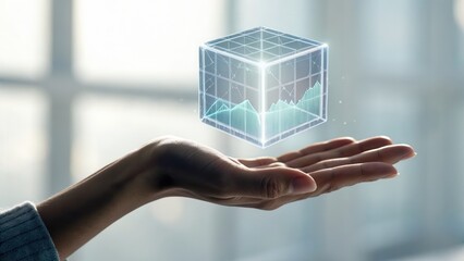 A hand presents a glowing 3D holographic cube displaying rising financial graphs and data in a futuristic digital interface.