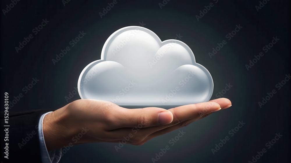 Poster A hand holds a glowing cloud icon, symbolizing cloud computing or digital data storage.