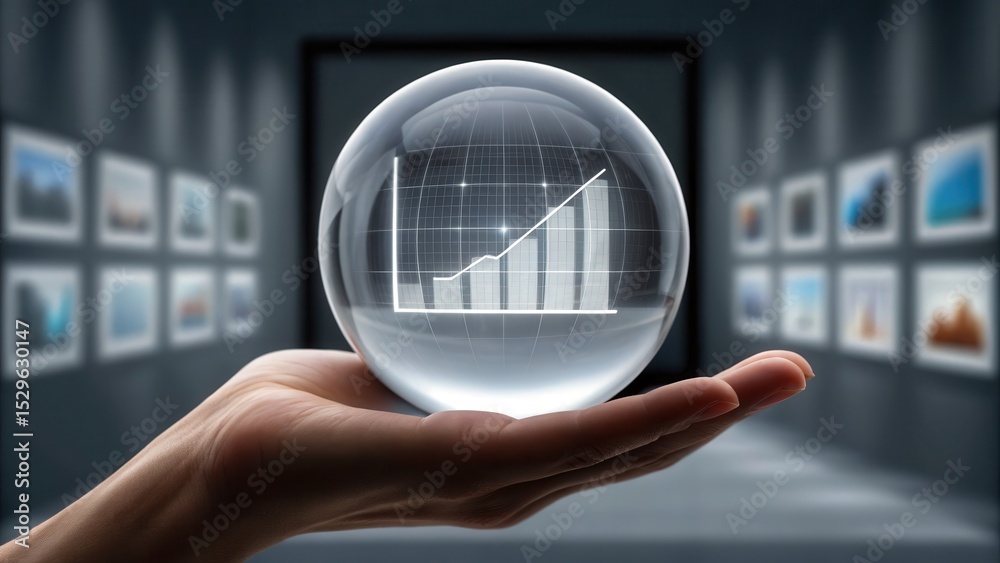 Poster A hand holds a transparent crystal ball displaying a 3D bar graph with an upward trend in a blurred modern gallery setting.
