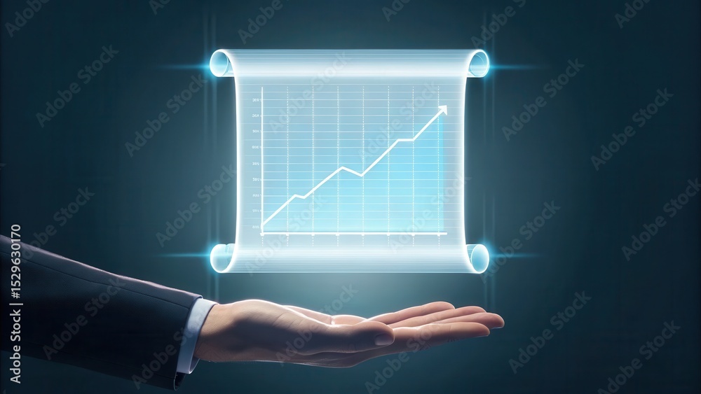 Leinwandbilder a hand in a business suit holds a glowing holographic graph displaying an upward trend on a futurist