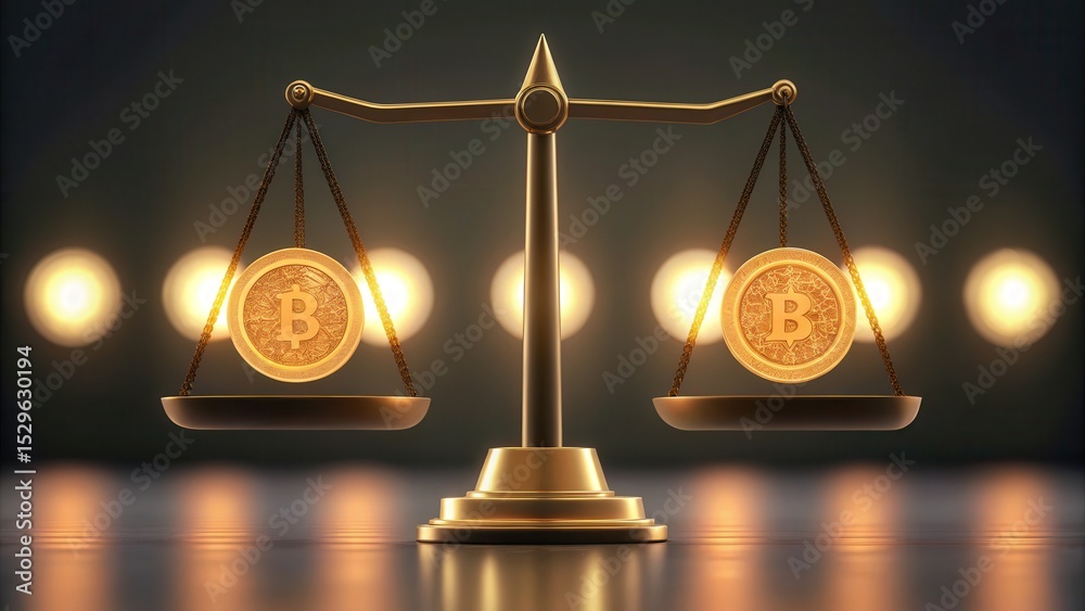 Poster A golden balance scale with Bitcoin coins on each side, symbolizing cryptocurrency value comparison and financial equilibrium.