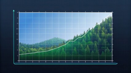 A graph with a rising trend line overlaid on a forested mountain landscape, symbolizing growth and progress in a natural environment.