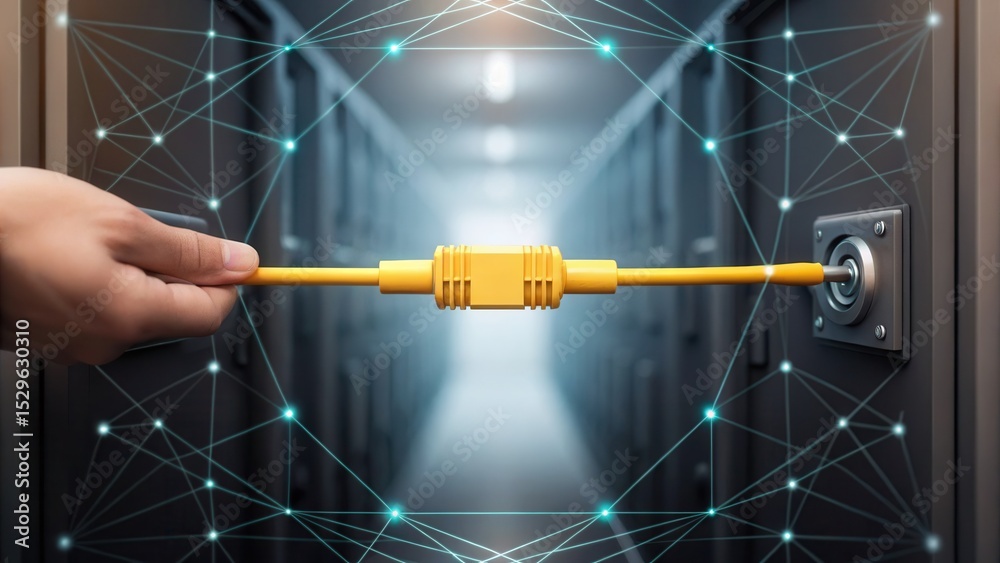 Poster A hand connects a yellow Ethernet cable into a port amid a digital network grid, symbolizing data connectivity and internet infrastructure.