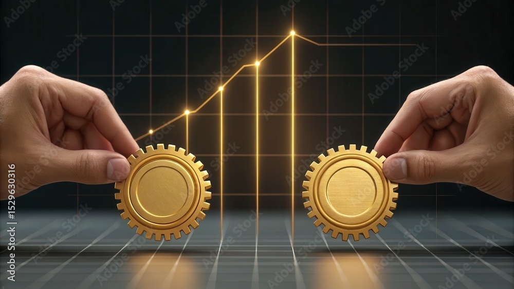 Poster Two hands hold golden gears symbolizing teamwork and collaboration, with a rising graph in the background representing growth and success.