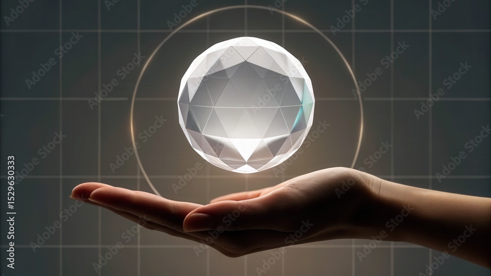 Poster a hand holds a floating, glowing, geometric crystal sphere with a futuristic background grid and cir