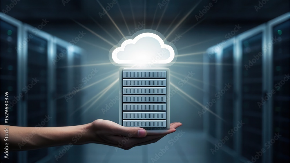 Poster A hand holds a glowing cloud icon above a server rack, symbolizing cloud computing and data storage in a futuristic data center.