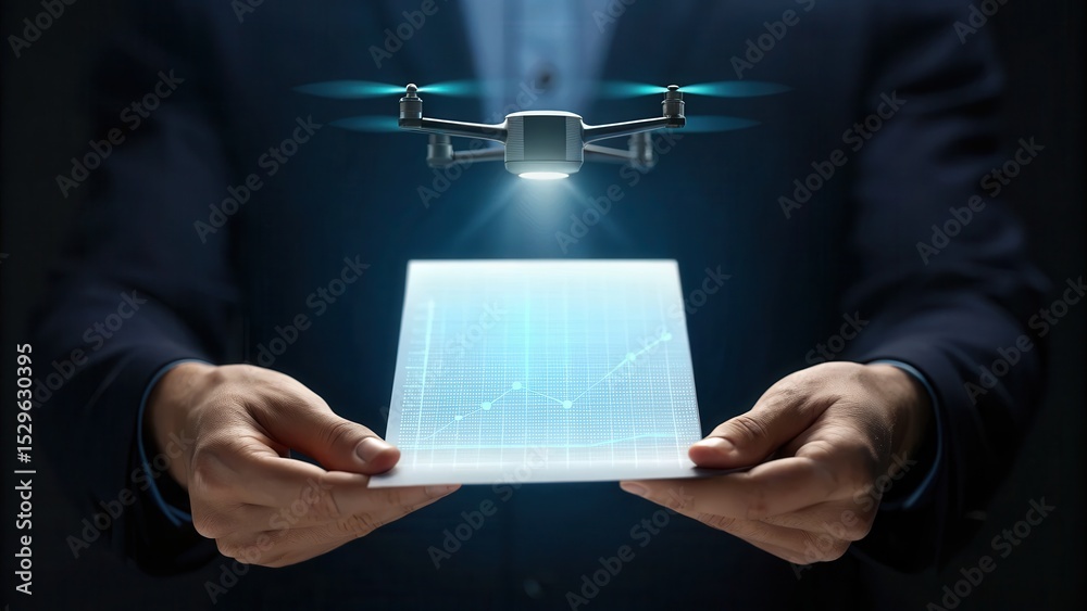 Poster A person holds a transparent digital tablet projecting a drone with a light beam, symbolizing futuristic technology and data visualization.