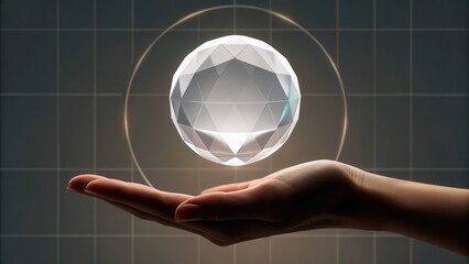 A hand holds a floating, glowing, geometric crystal sphere with a futuristic background grid and circular light elements.