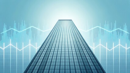 A modern skyscraper with glass windows rises into a blue sky overlaid with white digital stock market graphs and data lines.