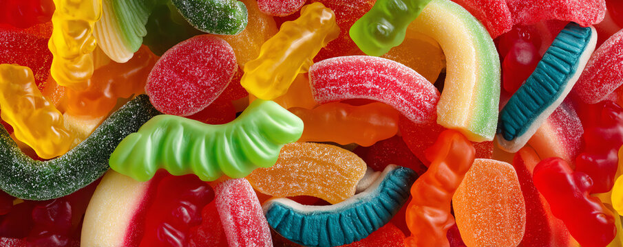Assorted jelly candies in vibrant colors create delightful and tempting display