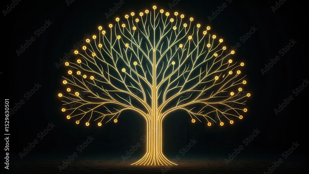 Aufkleber A glowing digital tree with branching circuits and illuminated nodes on a dark background, symbolizing technology and connectivity.