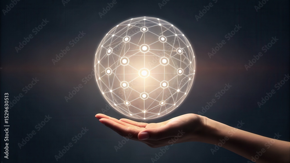 Poster a glowing interconnected digital globe floats above an outstretched hand against a dark background, 
