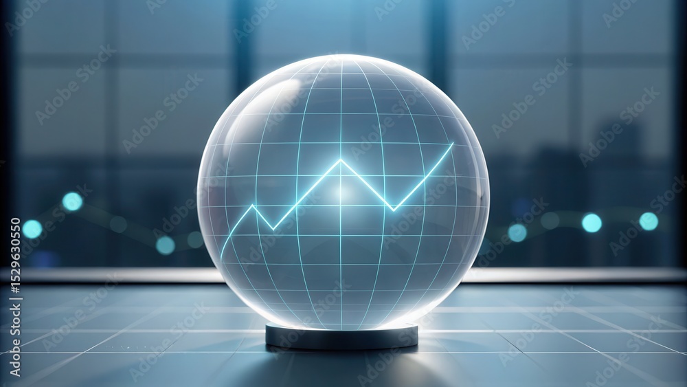 Aufkleber A glowing digital globe with line graph data inside, set in a modern office environment, symbolizing global business analytics and data visualization.