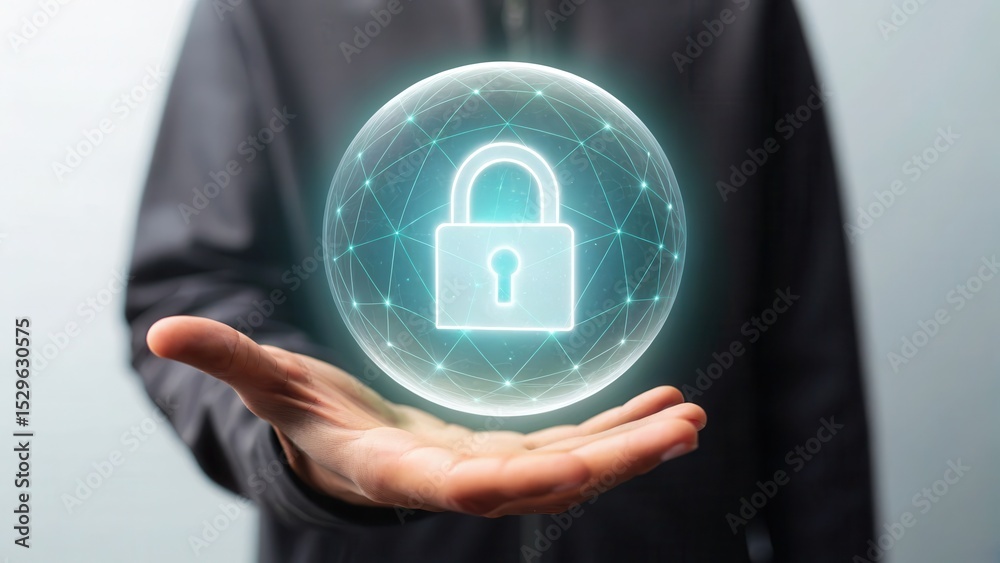 Poster a person holds a holographic sphere with a glowing padlock symbol, representing digital security and