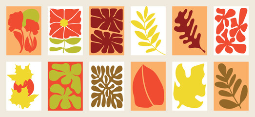 Botanical doodle background art vector set. Flower and leaves autumn doodle art design for t-shirt, print, wallpaper, clipart, wall art for home decoration.