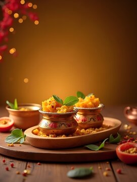 Khinkali on serving board on festive background, with copy space
