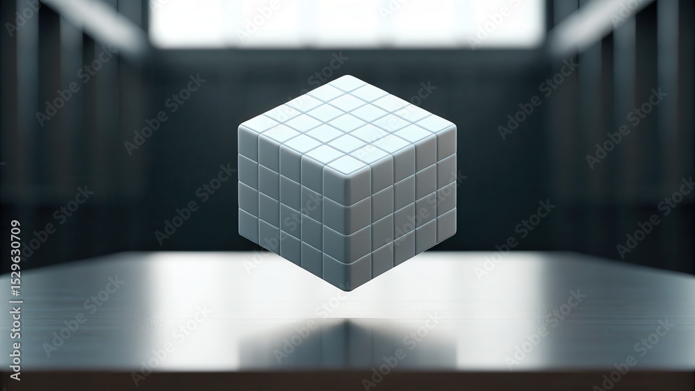 Aufkleber A 3D-rendered white cube composed of smaller cubes floating above a reflective surface in a minimalistic, modern setting.