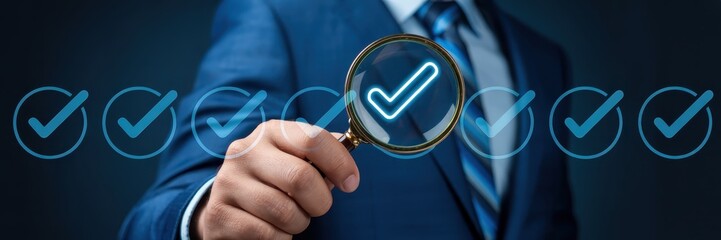 Magnifying glass focuses on a check mark among multiple check marks.