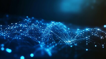 Interconnected Network of Data Points and Nodes Visualized on a Blue Geometric Background with AI