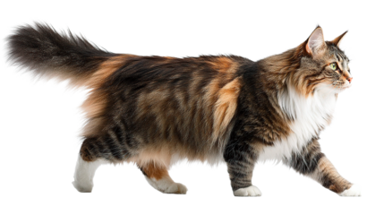 A stunning calico Maine Coon cat in profile, showing off its beautiful fur and elegance.