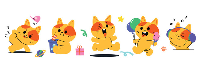 Set of cute cat sticker vector. Lovely cat doodle pattern in different poses and breeds. Adorable funny pet and many characters hand drawn collection for T-shirt, sticker, print, pet shop.