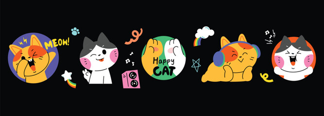 Set of cute cat sticker vector. Lovely cat doodle pattern in different poses and breeds. Adorable funny pet and many characters hand drawn collection for T-shirt, sticker, print, pet shop. © TWINS DESIGN STUDIO