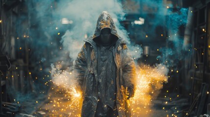 A cloaked figure stands in a smoky industrial setting, surrounded by sparks and shadows, evoking a sense of mystery, danger, and the unknown within this gripping scene.