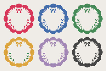 Ribbon delight sticker set. Bow-tied colorful scalloped edge circles ideal for celebration or gift wrapping  
