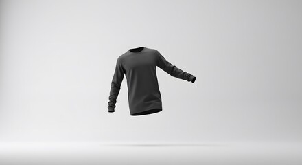 Floating Black Long Sleeve Shirt Mockup on White Background for Fashion Design Presentation