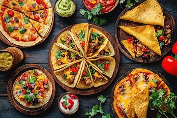 A top-down view of various Mexican dishes, including tacos and pizza slices, arranged on wooden plates,