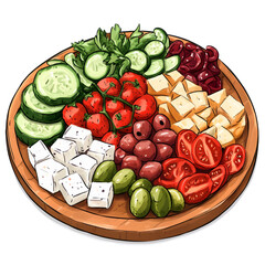 Delicious and fresh Greek salad with various ingredients on white background.