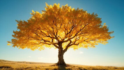 Golden autumn tree with bright sun shining through its leaves against a clear blue sky over a golden field. Concept of peaceful autumn landscape