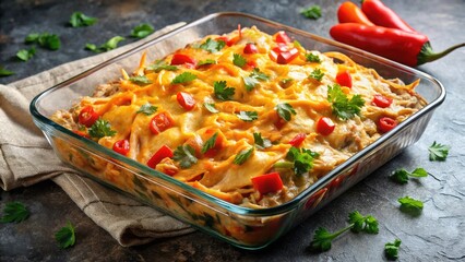 Double exposure food photography: Chicken casserole's warmth against a cool concrete backdrop.