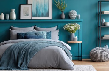 a teal wall in an elegant bedroom with gray and blue accents, featuring metal frame shelves for decorative items