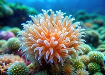 Fototapeta premium A delicate coral polyp stretches its soft tentacles into the ocean currents