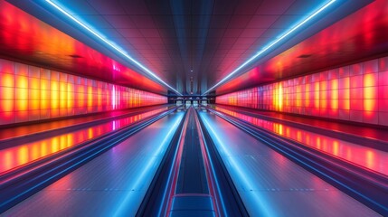 An awe-inspiring view of a modern bowling alley illuminated by striking neon lights, creating an energetic atmosphere that is both fun and visually captivating.