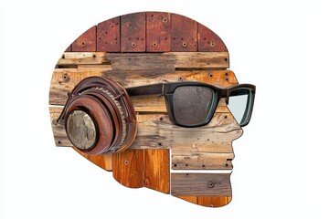 Wooden Silhouette of a Head Wearing Headphones and Sunglasses on White Background