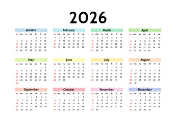 Calendar for 2026 isolated on a white background