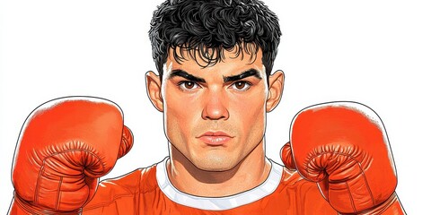 Young Boxer in Orange Gloves, Intense Close Up Portrait