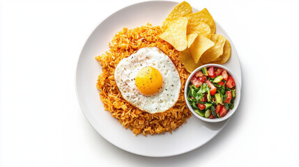 A white plate with Indonesian nasi goreng (fried rice), a fried egg, and crispy chips on the side. 