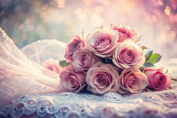 Double exposure magic: Delicate lace intertwines with vibrant pink and chocolate roses.