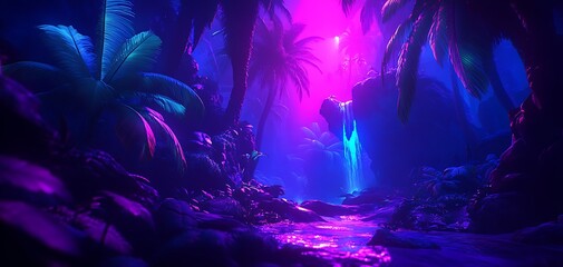Fototapeta premium Surreal Neon Jungle with Waterfall and Palm Trees under Cosmic Lights