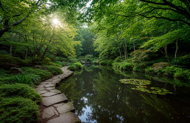 Fototapeta premium Tranquil forest pond with winding stone path surrounded by lush greenery, ideal for nature-themed designs, wellness ads, or eco-tourism promotions.