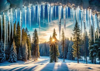 Double exposure magic: icicles and snow-dusted pines create a stunning winter panorama.