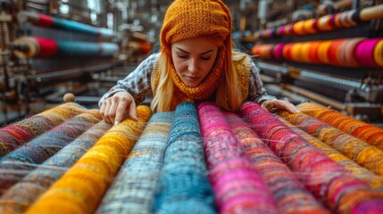 Obraz premium A talented textile weaver thoughtfully arranging vibrant threads on a loom, showcasing the artistry and skill involved in traditional weaving techniques.