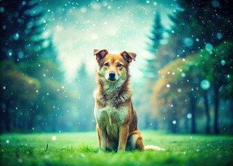 Double exposure magic: snowy park meets playful pup on a patch of emerald green.