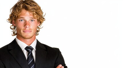 Young Man with Blonde Curls Wearing a Black Suit in Isolated White Background
